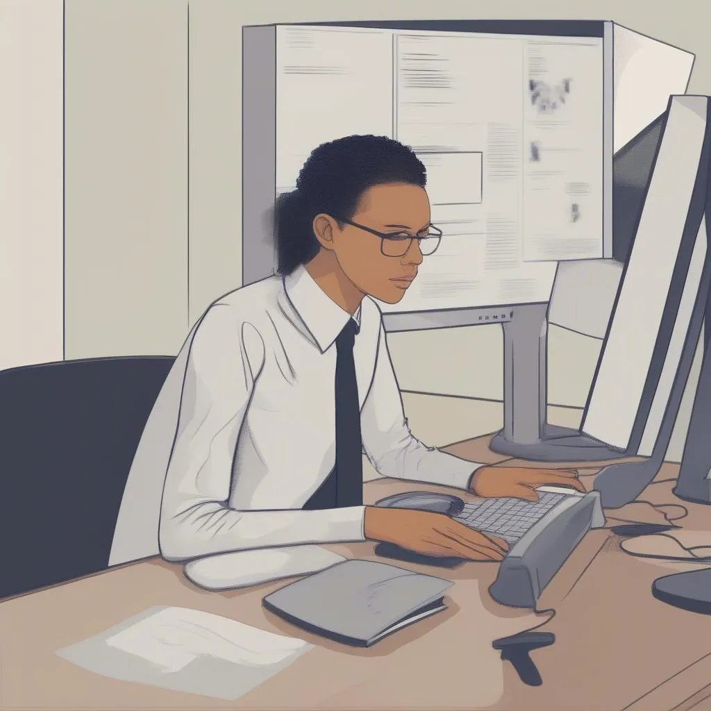 Persona seduta alla scrivania di fronte a un computer, concentrata sulla pratica per un colloquio di lavoro.