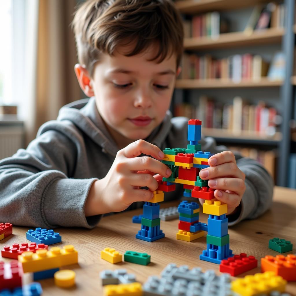 Bé trai kiên nhẫn xếp lego