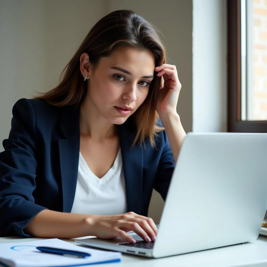 A young woman working diligently on her laptop