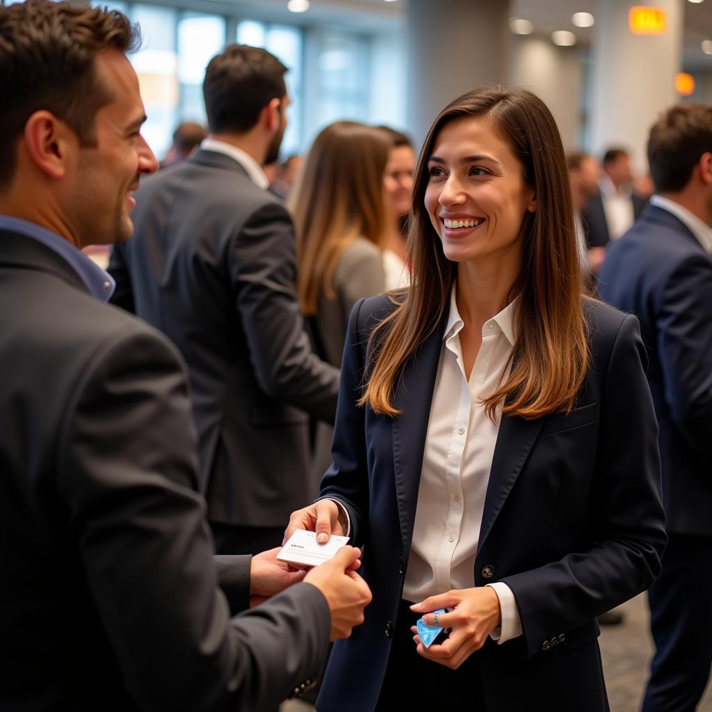 confident real estate agent networking at a business conference