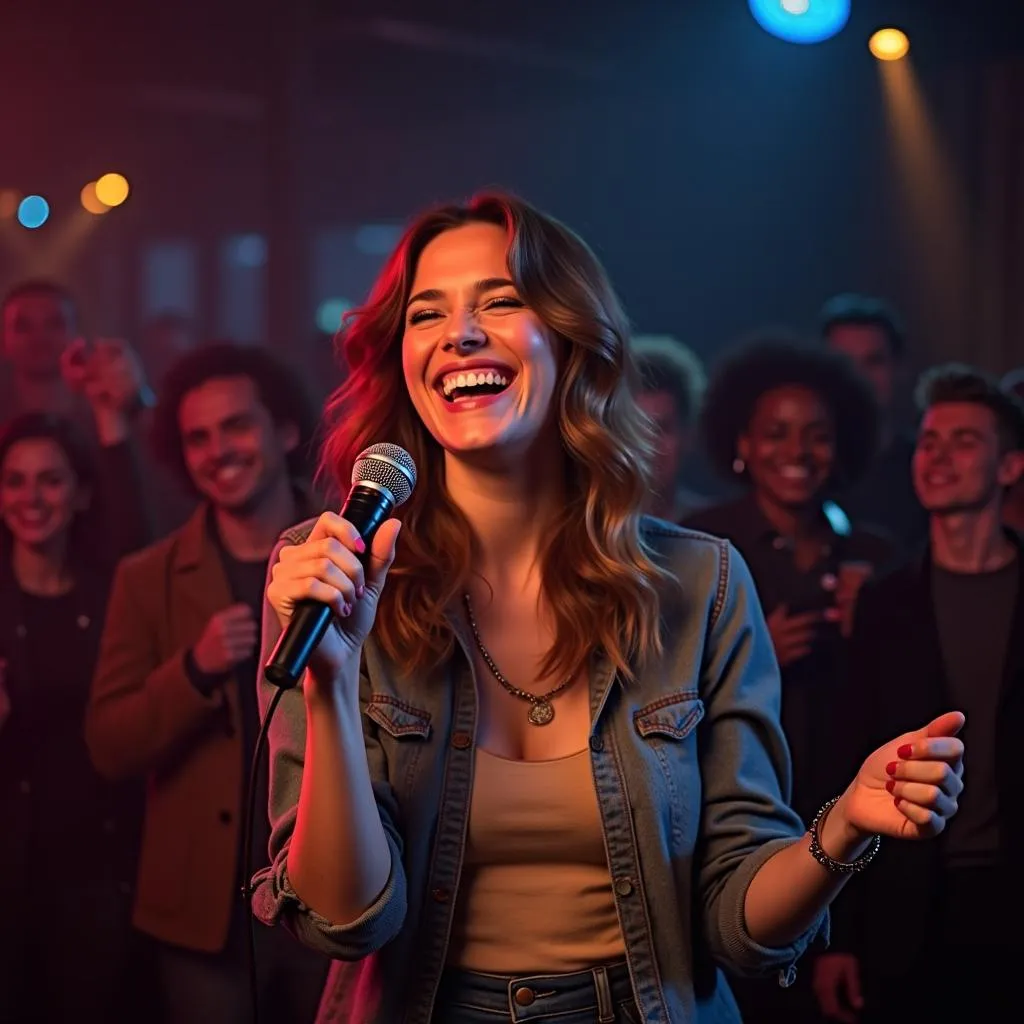 Người Phụ Nữ Đang Cười Vui Vẻ Và Hát Karaoke