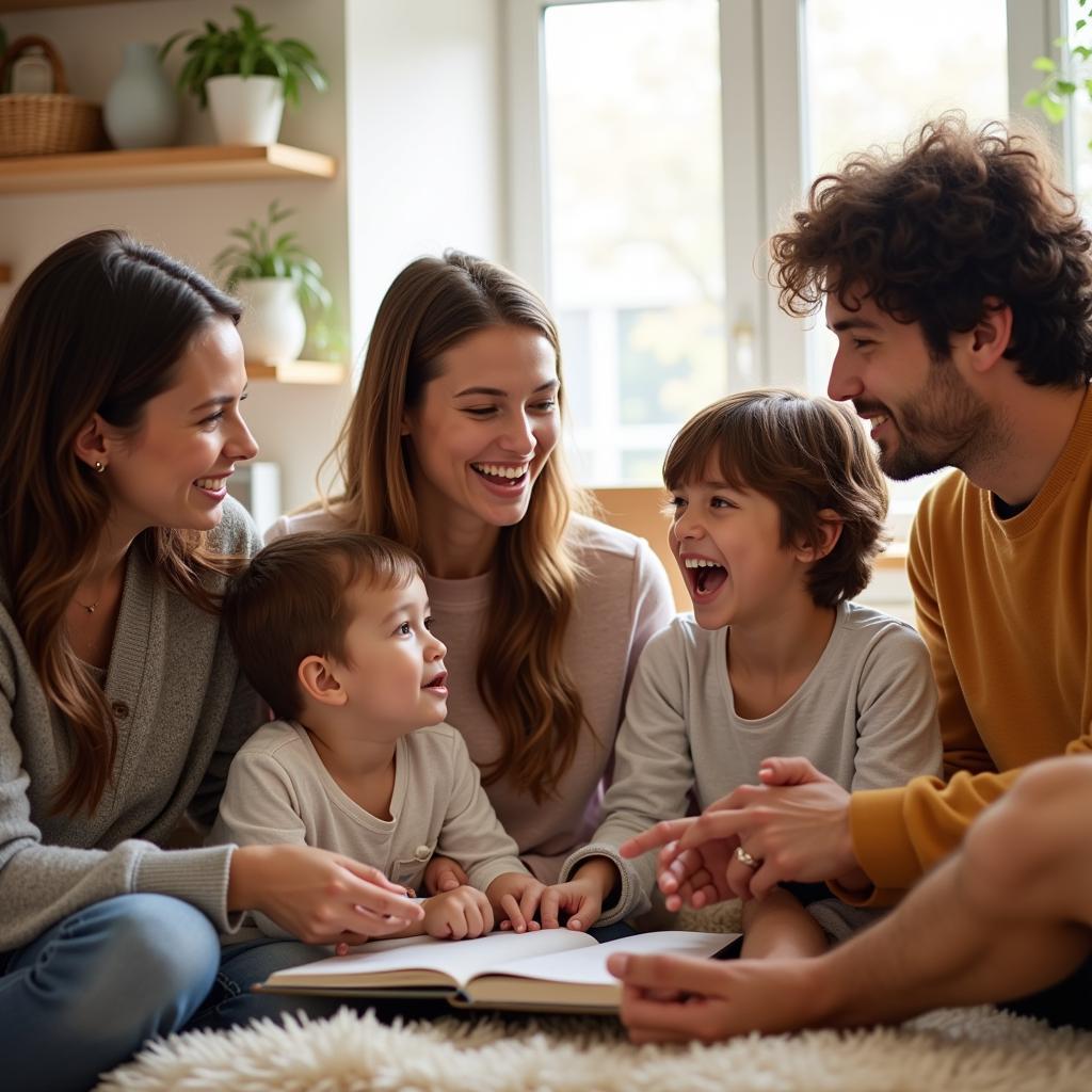 Áp dụng kỹ năng giao tiếp GDCD trong gia đình: Hình ảnh một gia đình đang quây quần bên nhau, trò chuyện vui vẻ và chia sẻ những câu chuyện trong ngày.