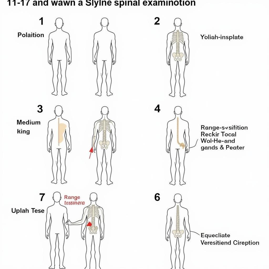 Các bước khám cột sống chi tiết: Hình ảnh minh họa chi tiết các bước khám cột sống, bao gồm quan sát tư thế, sờ nắn, kiểm tra phạm vi vận động và các xét nghiệm đặc biệt.