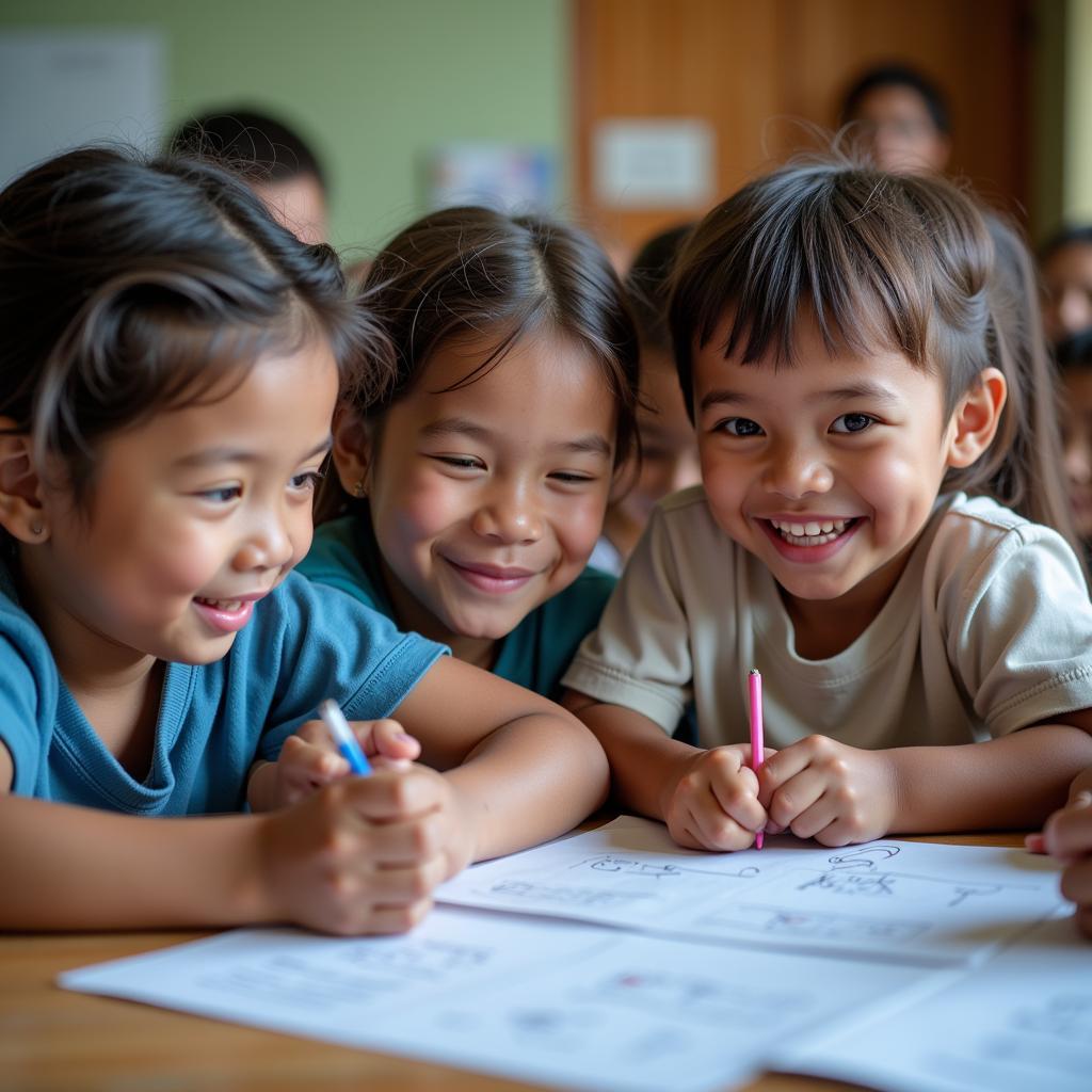 Chương trình tập huấn kỹ năng sống của UNICEF: Hình ảnh trẻ em tham gia hoạt động nhóm, thể hiện sự vui vẻ và hợp tác.