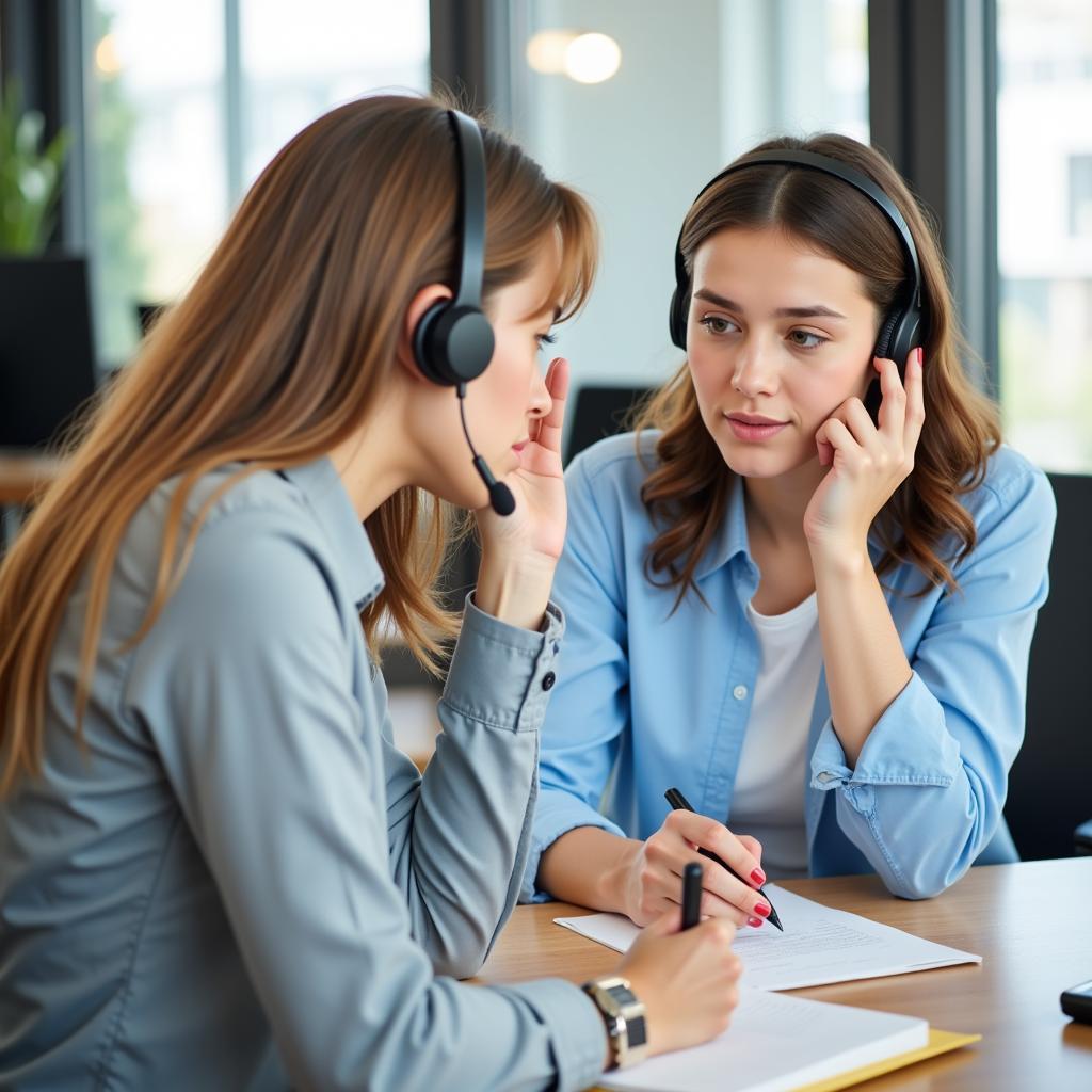 Nhân viên chăm sóc khách hàng đang nghe điện thoại và ghi chú lại khiếu nại của khách hàng.