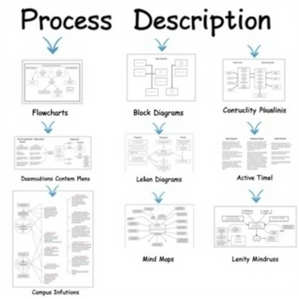 Kỹ thuật mô tả quy trình bằng sơ đồ: Hình ảnh minh họa các loại sơ đồ khác nhau được sử dụng để mô tả quy trình, bao gồm sơ đồ khối, sơ đồ dòng chảy, và sơ đồ tư duy.