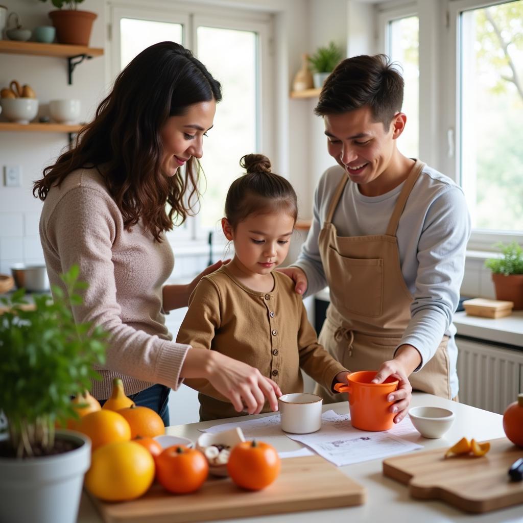 Minh họa cha mẹ đang hướng dẫn con làm việc nhà và cùng nhau thảo luận về các vấn đề trong cuộc sống.