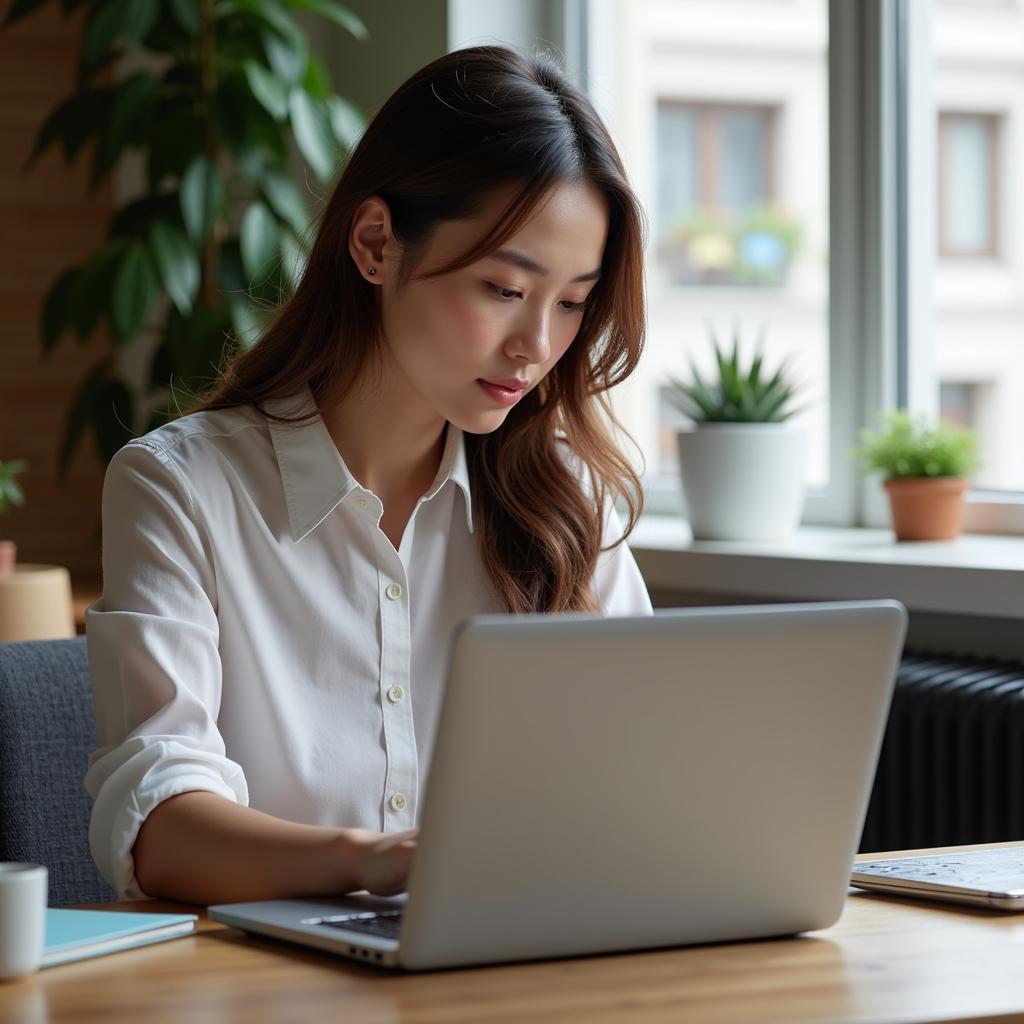 Young woman confidently working on her laptop, showcasing self-reliance and achievement.